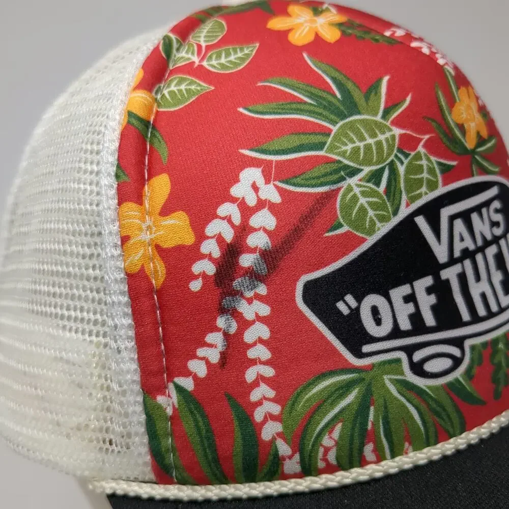 Vans Trucker Hat Red Floral Print Mesh Snapback One Size Skateboard Logo